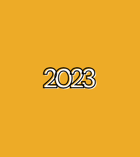 2023 in white text with black outline, centered on a mustard-yellow background.