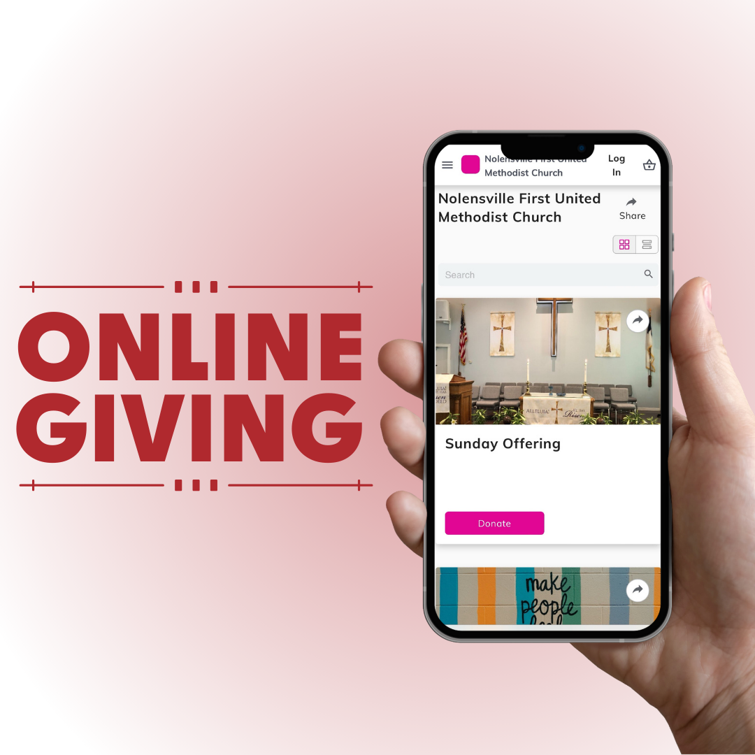 Hand holding a phone displaying an online giving app for Holmdel First United Methodist Church. Text: Online Giving.