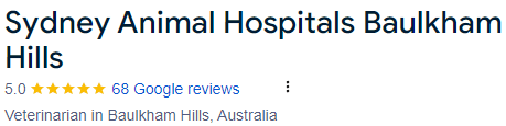 Sydney Animal Hospitals Baulkham Hills, Google Maps listing, veterinarian with 5.0 rating, 68 reviews.