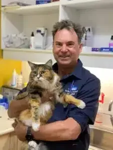 Man in blue shirt holding a fluffy, calico cat at a vet's office.