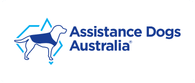 Logo of Assistance Dogs Australia: a dog wearing a blue vest within a blue geometric shape; text reads “Assistance Dogs Australia”.