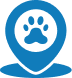 Blue location pin with white paw print inside.