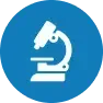 Microscope icon in white on a blue circular background.