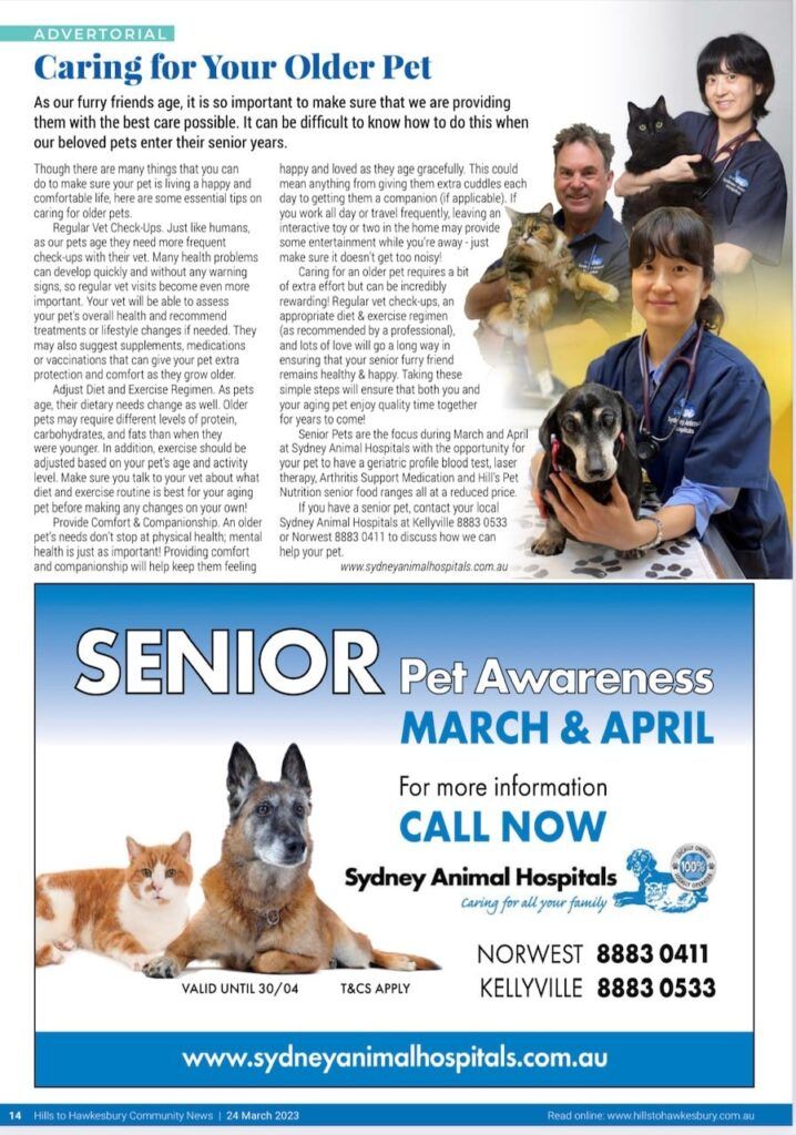 Ad: Senior pet awareness at Sydney Animal Hospital, March & April. Contact info.