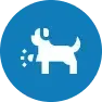 Dog pooping, white icon on a blue circle.