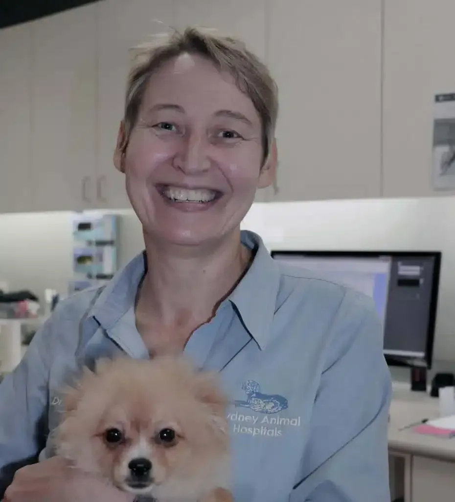 Woman holding small tan dog, smiling in a veterinary office.