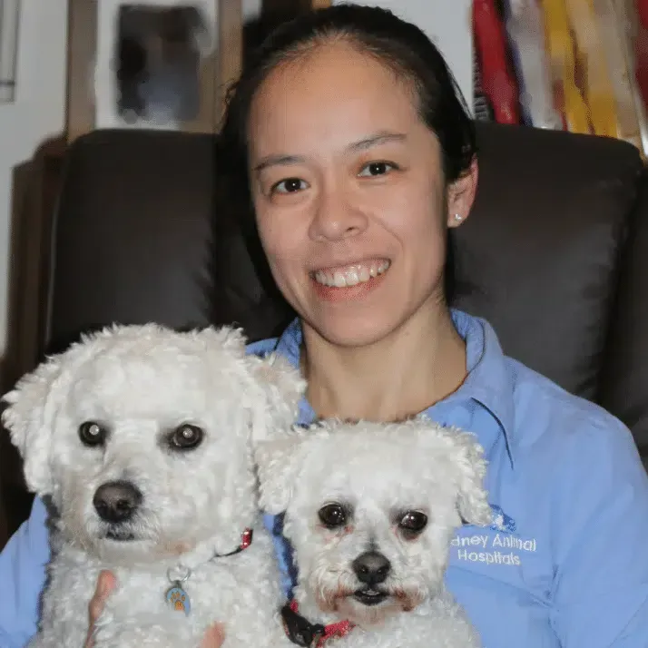 Woman smiling, holding two white dogs; indoor setting.