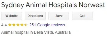 Sydney Animal Hospitals Norwest Google search result with website, directions, and call buttons; rated 4.4 stars.