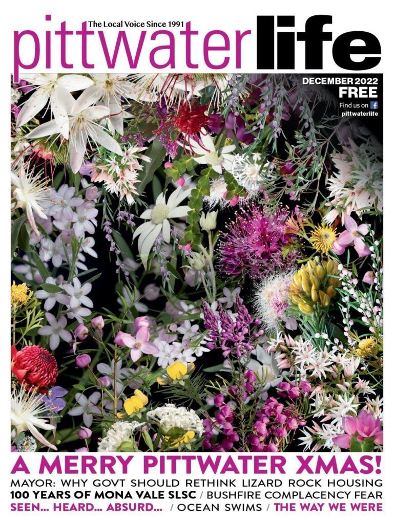 Pittwater Life magazine cover with colorful flowers and festive text.