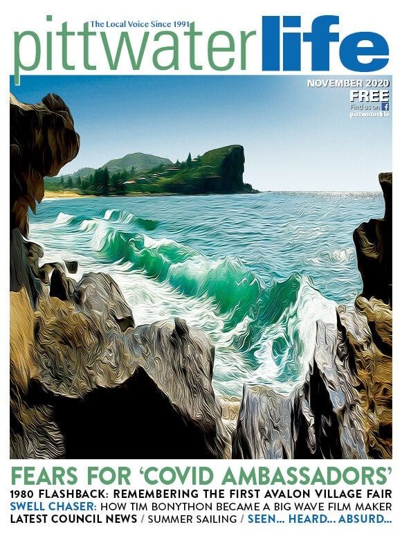 Magazine cover of Pittwater Life featuring a coastal landscape with ocean waves and text at the bottom.
