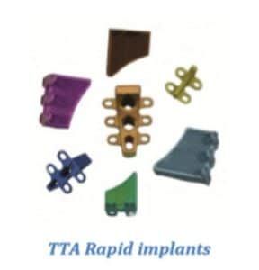 Variety of TTA Rapid implants in different colors.