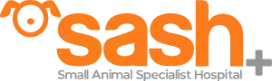 Logo for SASH Small Animal Specialist Hospital, orange text and a dog icon, with a grey plus symbol.