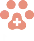 Paw print logo with a medical cross, in coral.