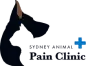 Black silhouette of a dog head with text: Sydney Animal Pain Clinic. Blue cross in the corner.