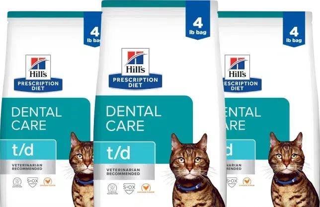 Three bags of Hill's Prescription Diet Dental Care cat food. Each has a cat image and blue/white packaging.