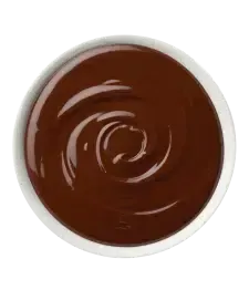 A bowl of smooth, dark chocolate sauce, swirled on top.