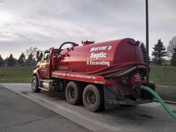 Mercer's Septic red truck — White Pigeon, MI — Mercers Septic & Excavating LLC