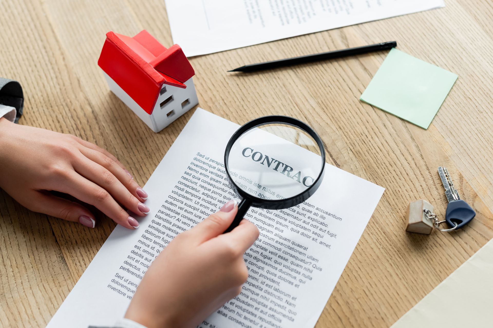 Person examining a contract with a magnifying glass, next to a small house model, keys, and pen on a table.