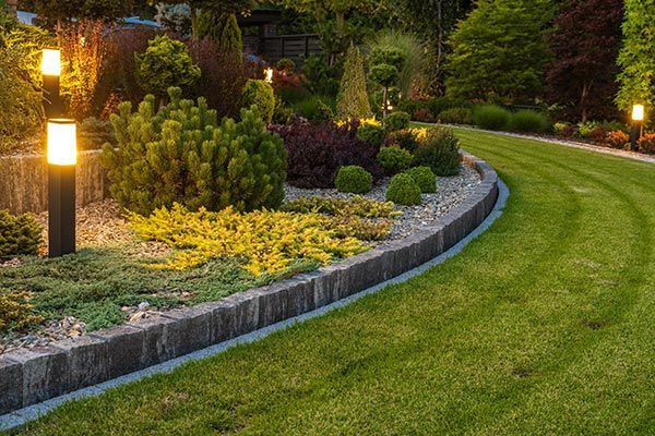 A garden with a lush green lawn and a stone border at night.