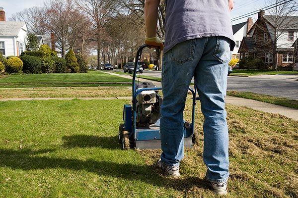 A man is standing in front of a lawn mower.