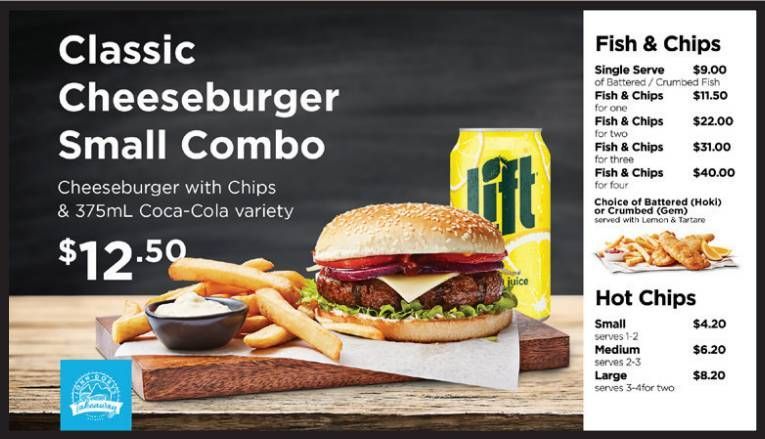 Classic Cheeseburger Small Combo with fries, Coke, and chips; Fish & Chips menu on the right