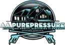 A blue-and-black logo for AA Purepressure featuring a house silhouette, two crossed pressure washers, and company text.