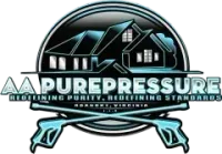 A blue-and-black logo for AA Purepressure featuring a house silhouette, two crossed pressure washers, and company text.