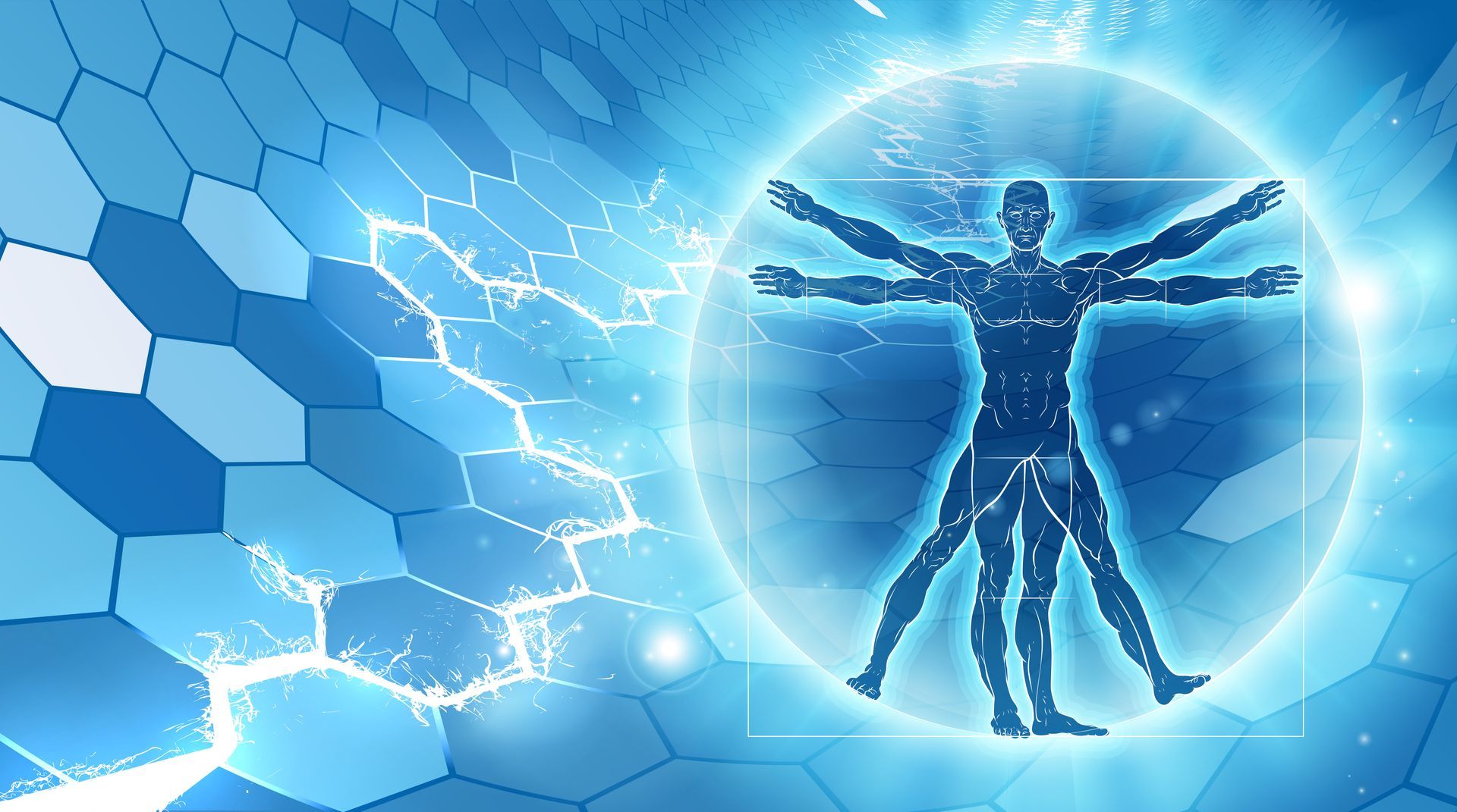 Vitruvian Man figure within a glowing circle, over a blue honeycomb pattern.