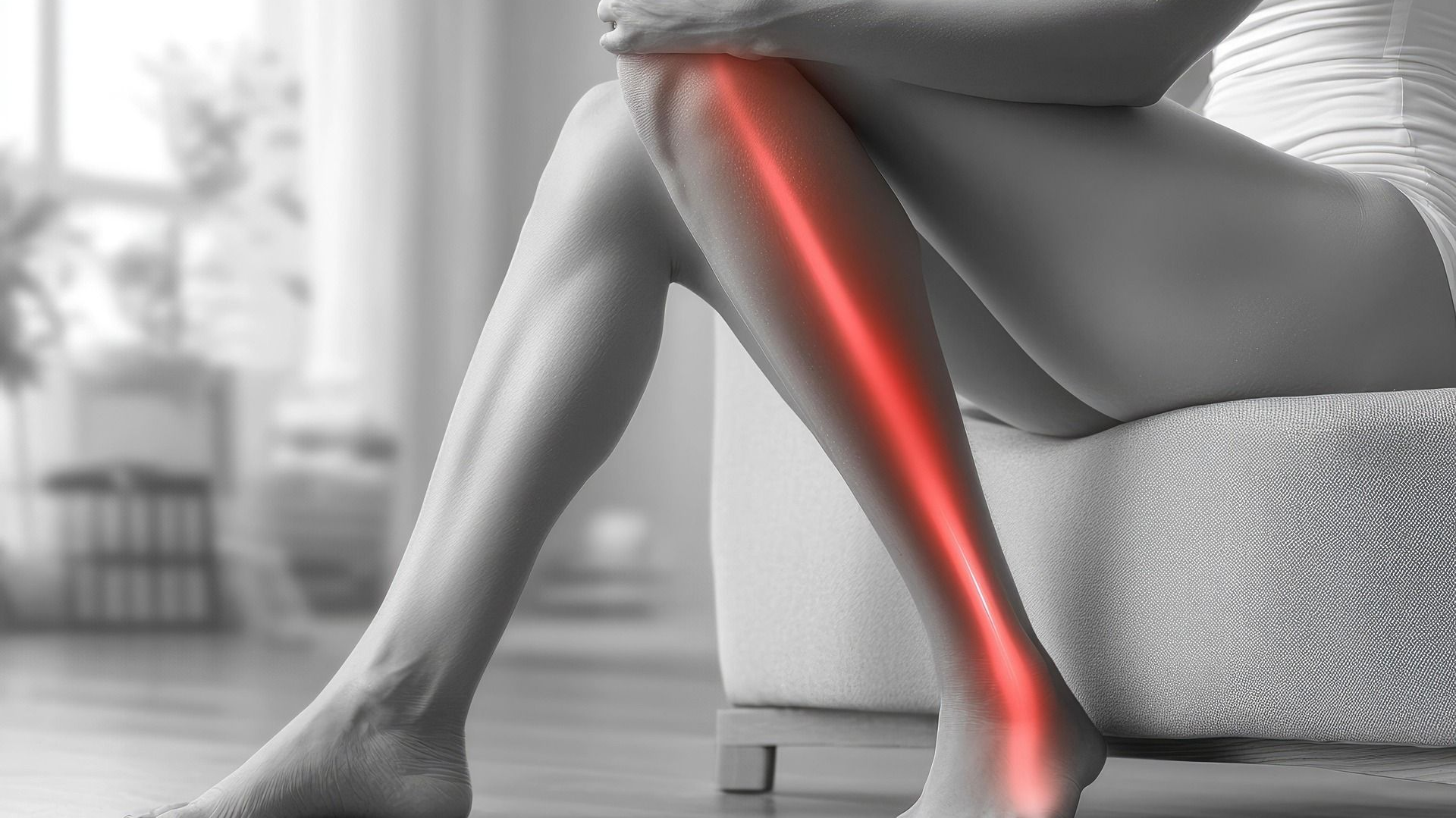 Woman sitting, leg highlighted red indicating pain; holding knee, ankle also highlighted.