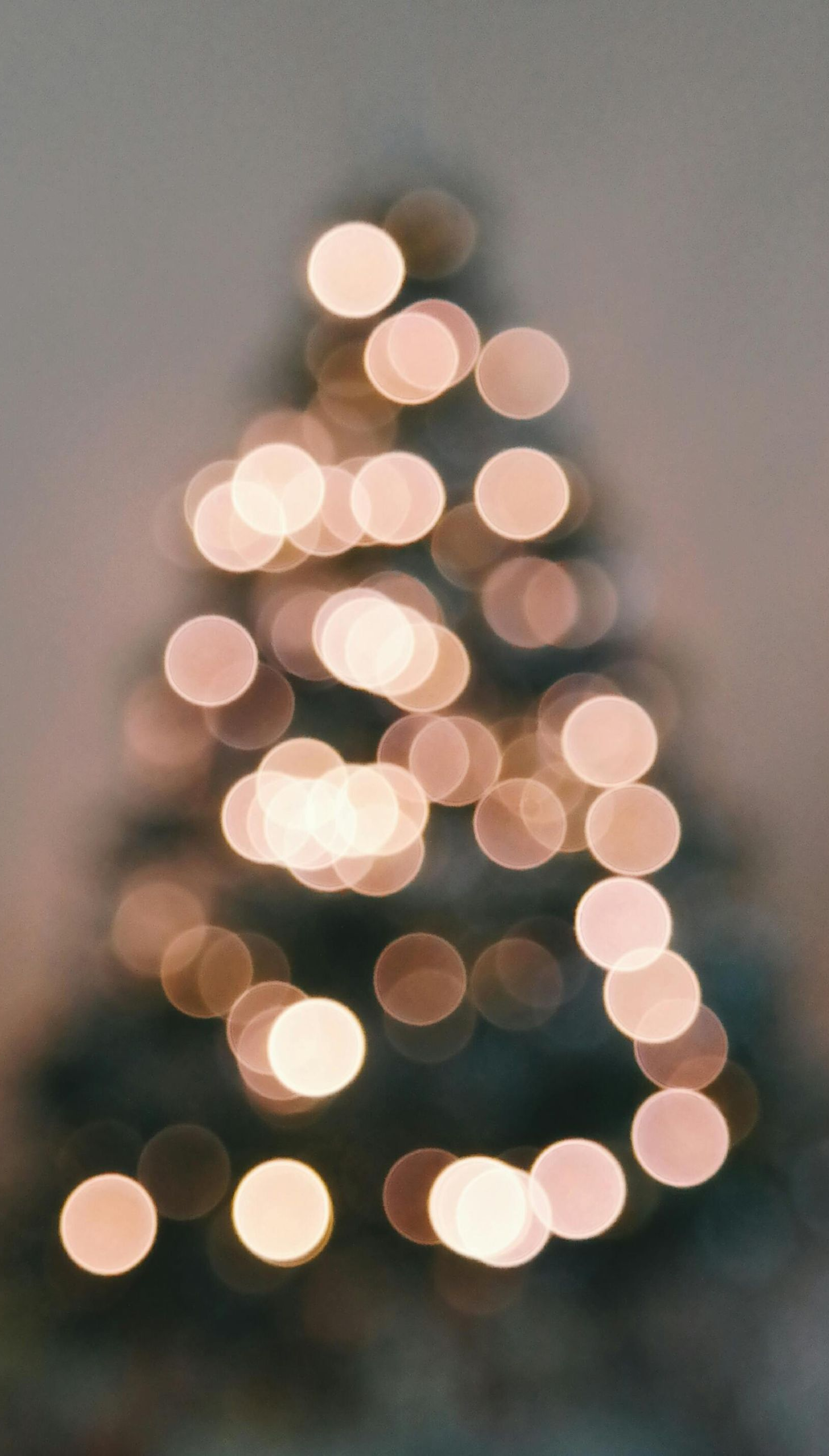 Christmas tree with glowing lights, out of focus, against a muted background.