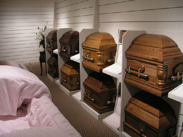 Wood casket options in showroom