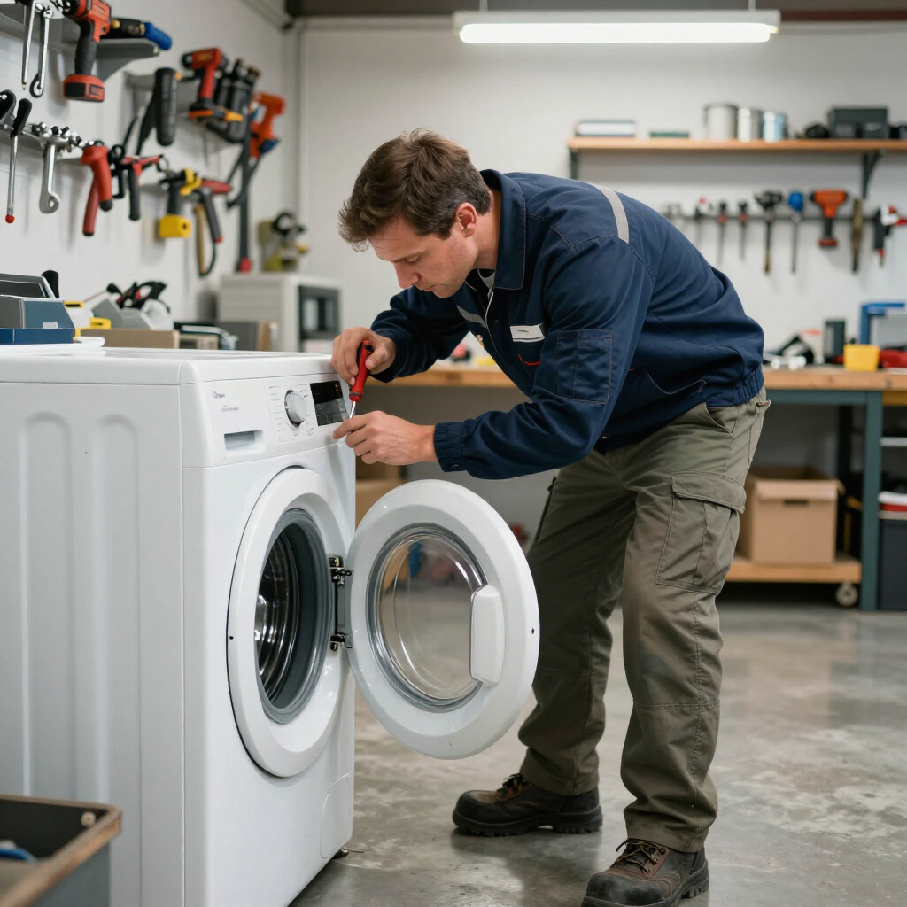 Un técnico con uniforme azul utiliza un destornillador para reparar una lavadora blanca en un taller.