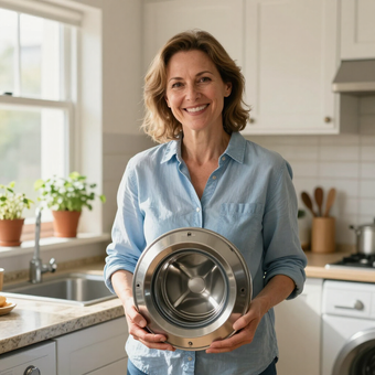Una persona sonriente sostiene un componente redondo de acero inoxidable para la puerta de una lavadora en una cocina bien iluminada.
