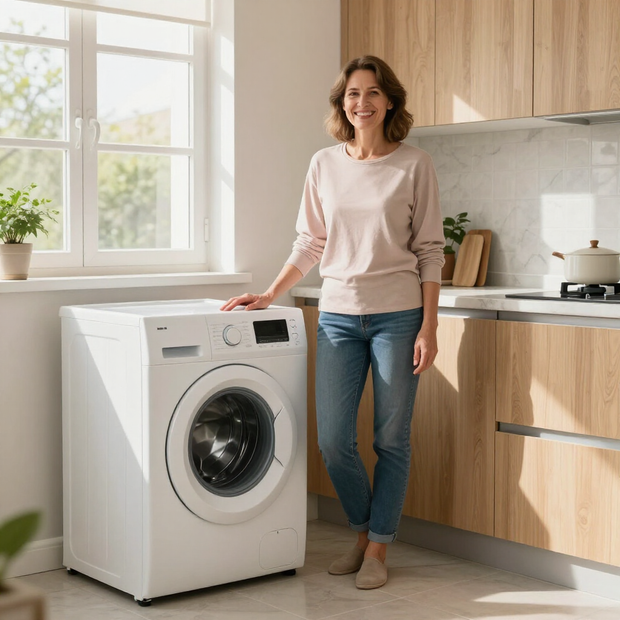 Una persona vestida con vaqueros y una camiseta clara está de pie en una cocina, con la mano apoyada sobre una lavadora blanca de carga frontal.