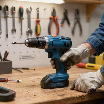 Una persona con guantes de trabajo sostiene un taladro inalámbrico azul sobre un banco de trabajo de madera, frente a un panel perforado para herramientas.