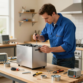 Una persona con camisa azul repara un pequeño aparato metálico sobre una mesa de madera abarrotada de diversas herramientas e instrumentos.