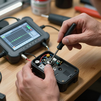 Una persona utiliza un destornillador pequeño para ajustar un componente dentro de un dispositivo electrónico abierto conectado a un osciloscopio.