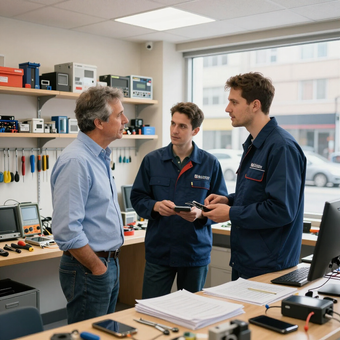 Tres personas discuten un proyecto técnico en un taller lleno de herramientas, aparatos electrónicos y equipos en estanterías.