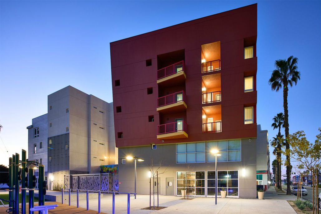 a large apartment building at night