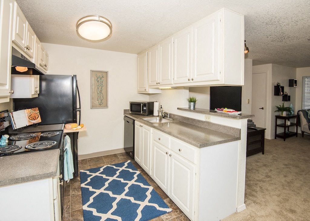 Apartment kitchen with white cabinets, black appliances, and a blue geometric rug.