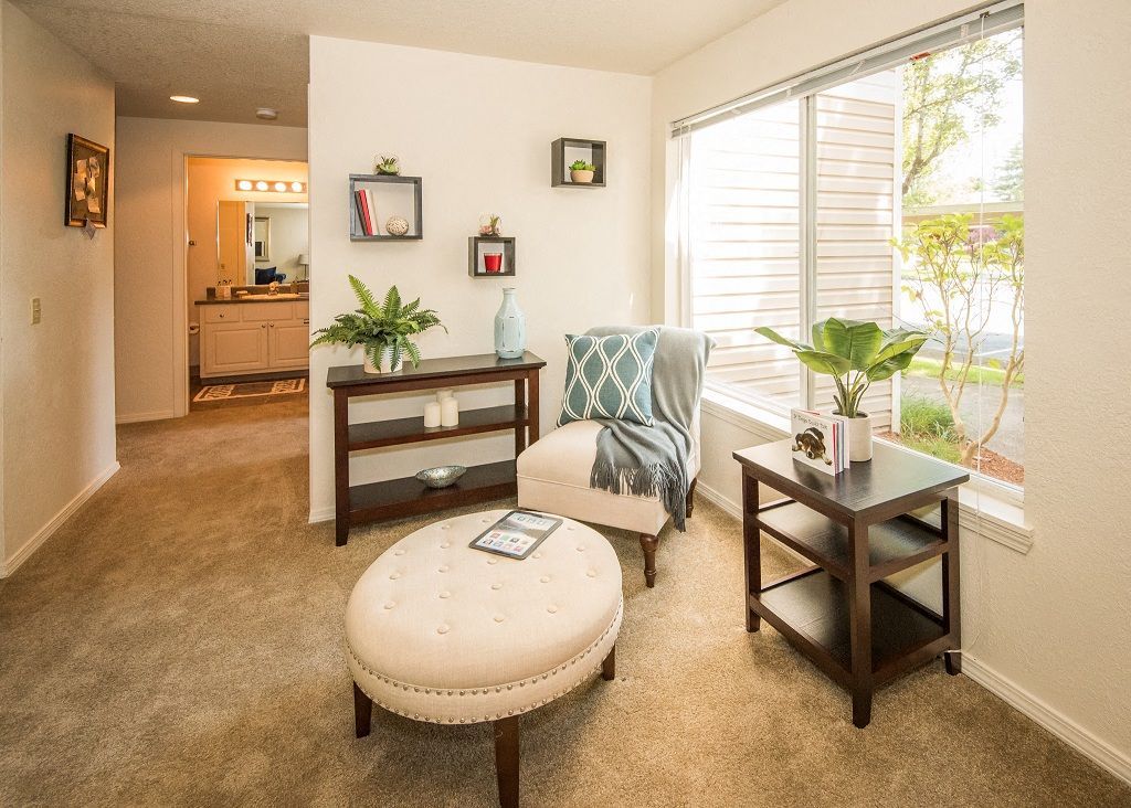 Cozy apartment living room with beige carpet, ottoman, chair, shelves, and a large window.