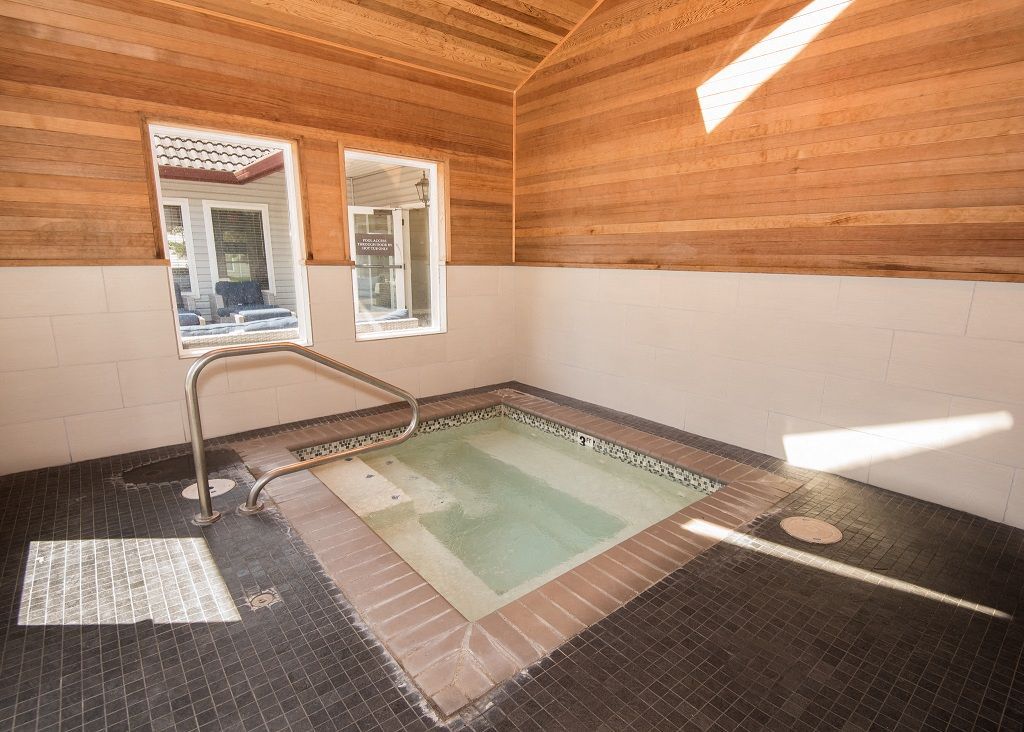 Indoor communal spa with a metal handrail, tile surround, and wood-paneled walls.