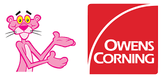 A pink panther is standing next to a red owens corning logo.