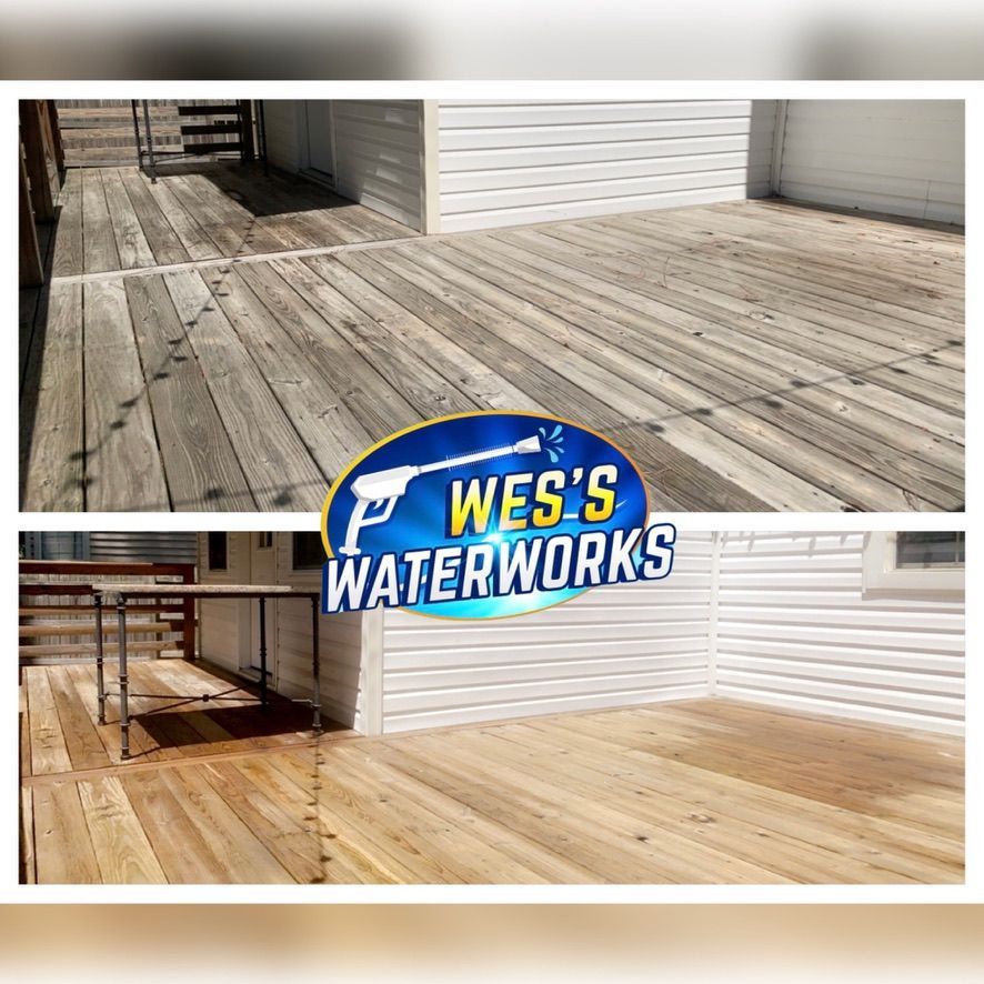 A before and after picture of a wooden deck being cleaned by wes 's waterworks.