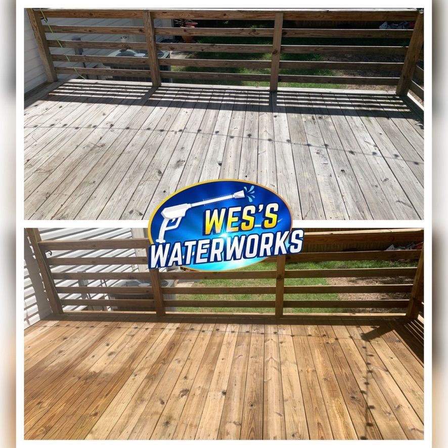 A before and after picture of a wooden deck from wes 's waterworks