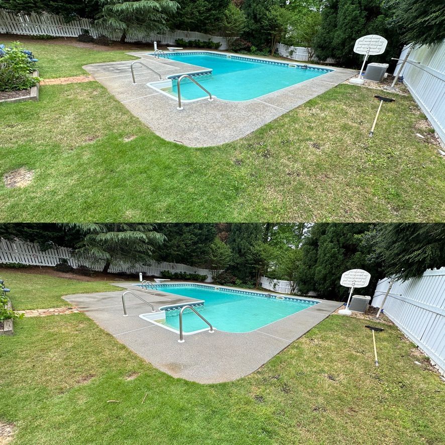 A before and after picture of a swimming pool in a backyard.