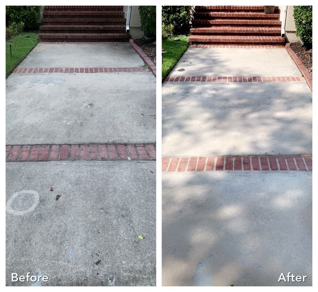 A before and after photo of a concrete driveway