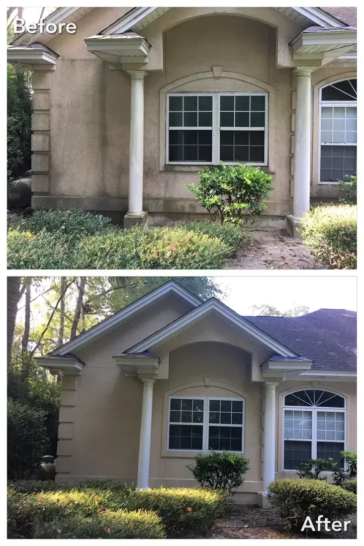 There is a before and after picture of a house.