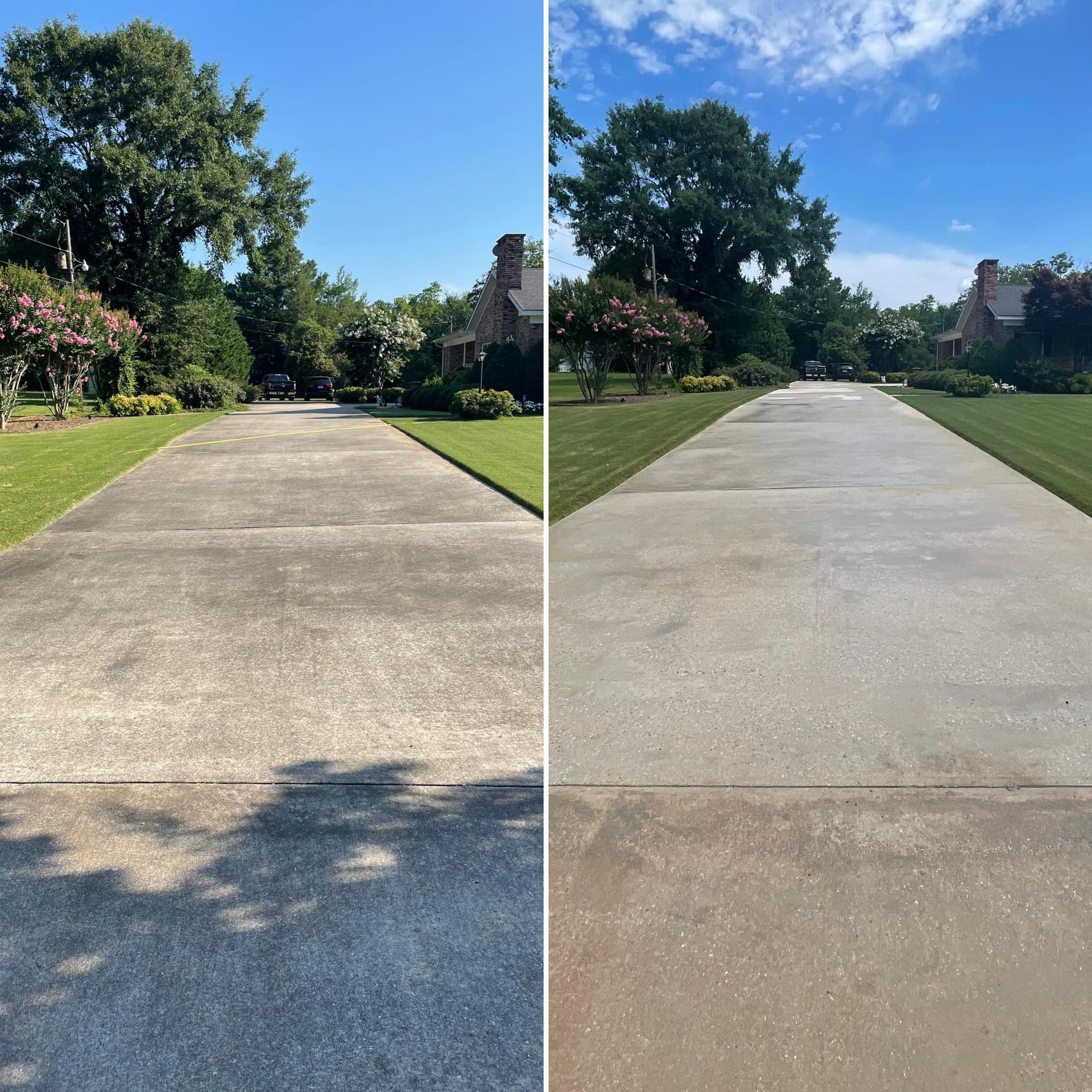 A before and after photo of a concrete driveway.