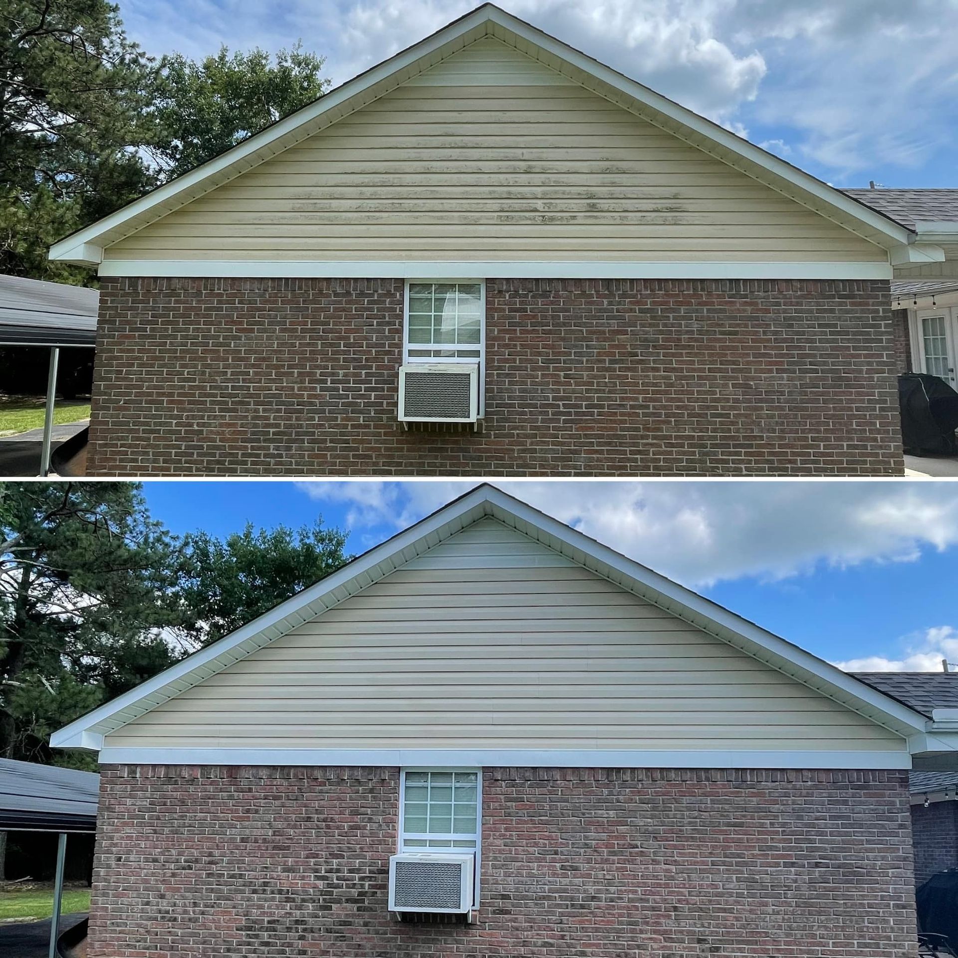 A before and after picture of a brick house with a window air conditioner.